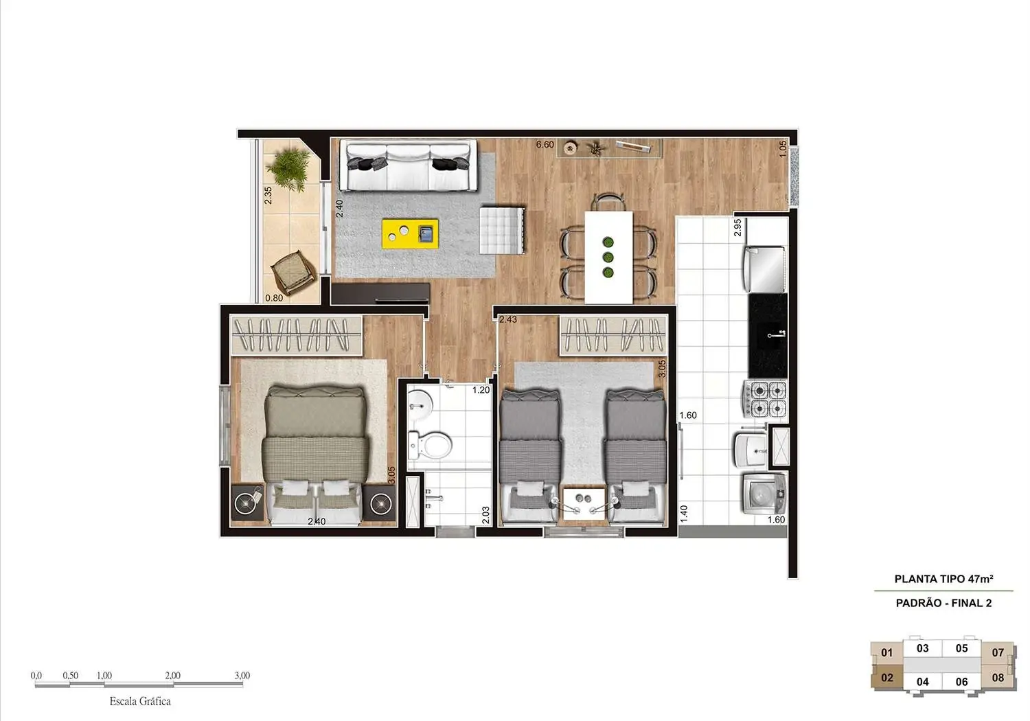 PERSPECTIVA ILUSTRADA DA PLANTA 2 DORMS. - 47M²