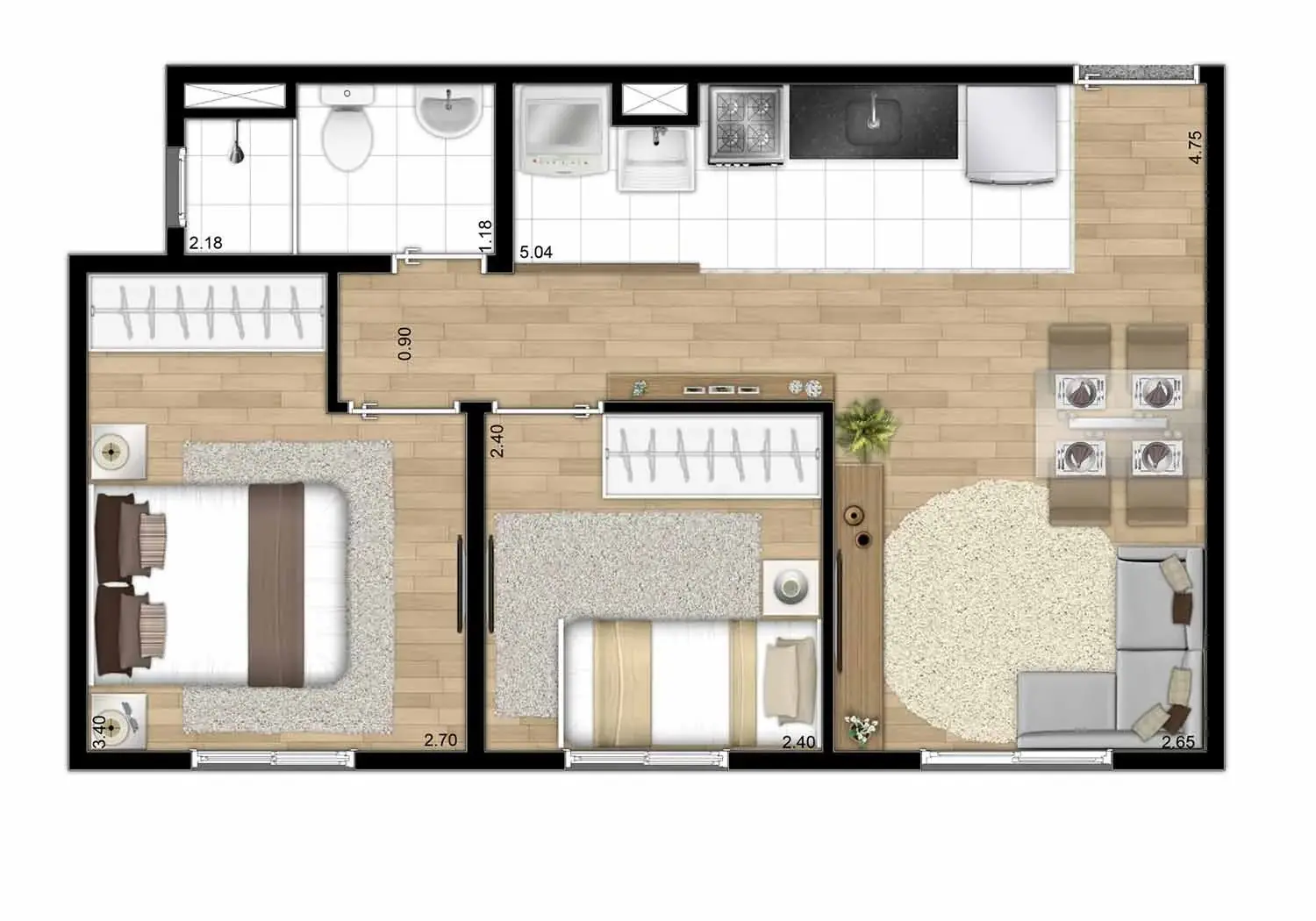 Planta Tipo Ponta – 2 Dorms - 40 m²