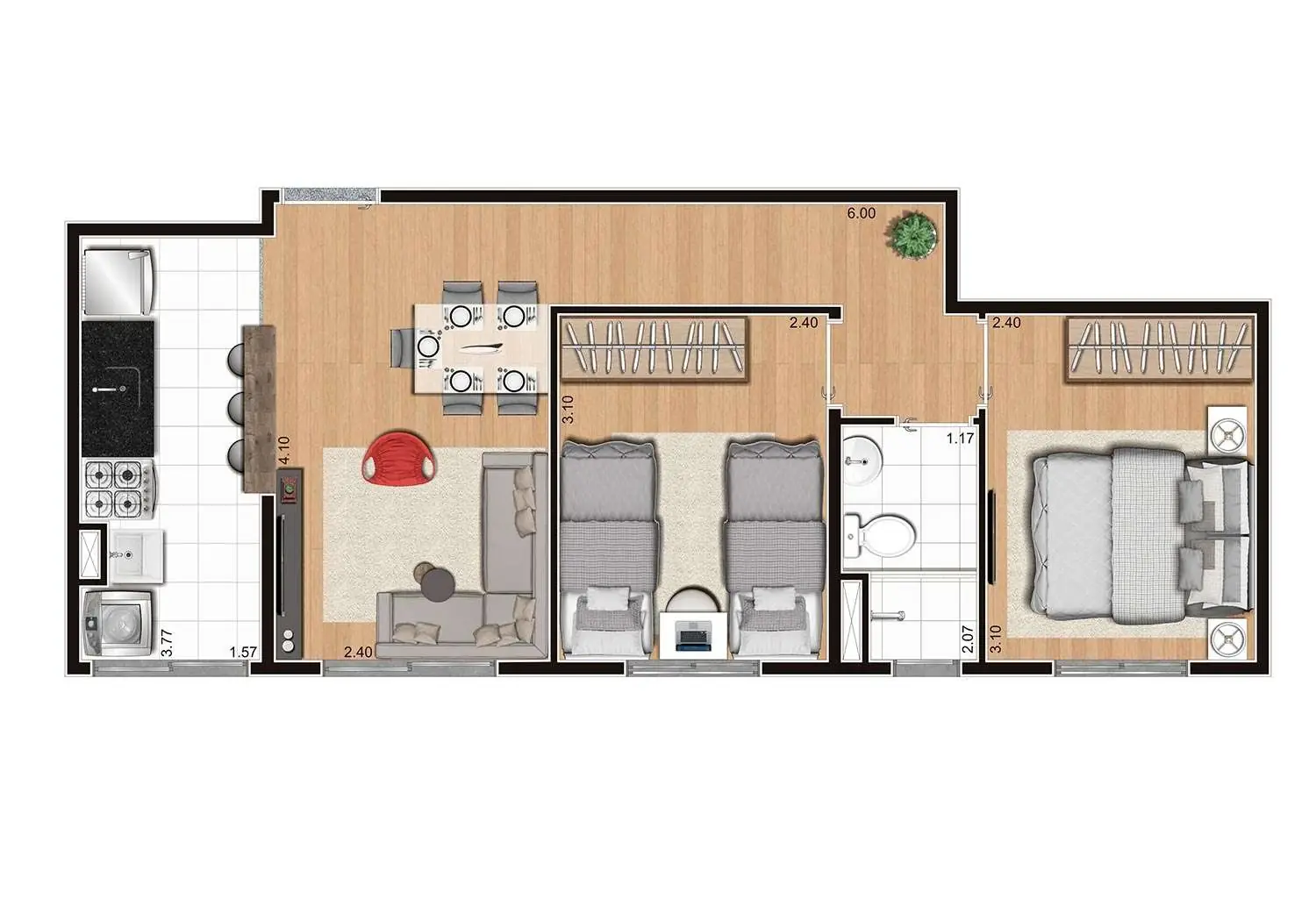 Perspectiva Ilustrada da Planta 2 Dormitórios - 43m²