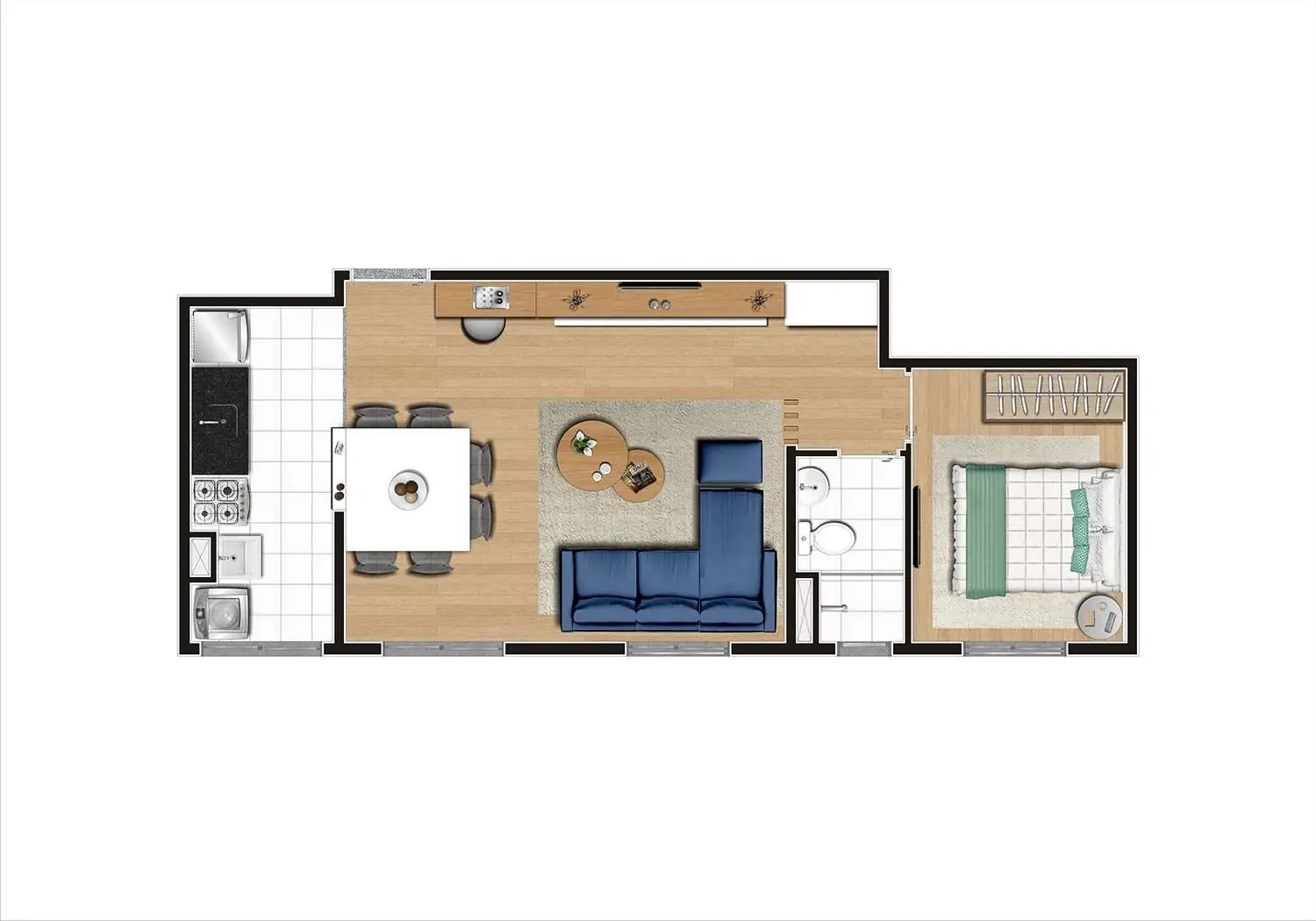 Perspectiva Ilustrada da Planta 1 Dormitório de 43m²