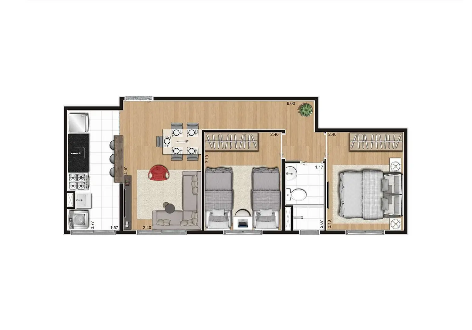Perspectiva Ilustrada da Planta 2 Dormitórios de 43m² - Padrão