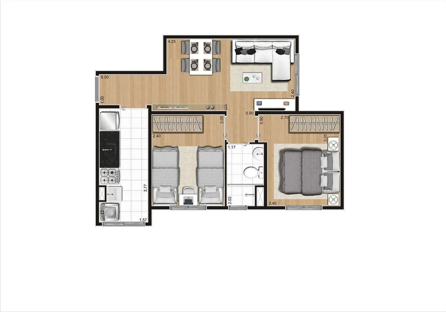 Perspectiva Ilustrada da Planta 2 Dormitórios de 42m² - Tipo