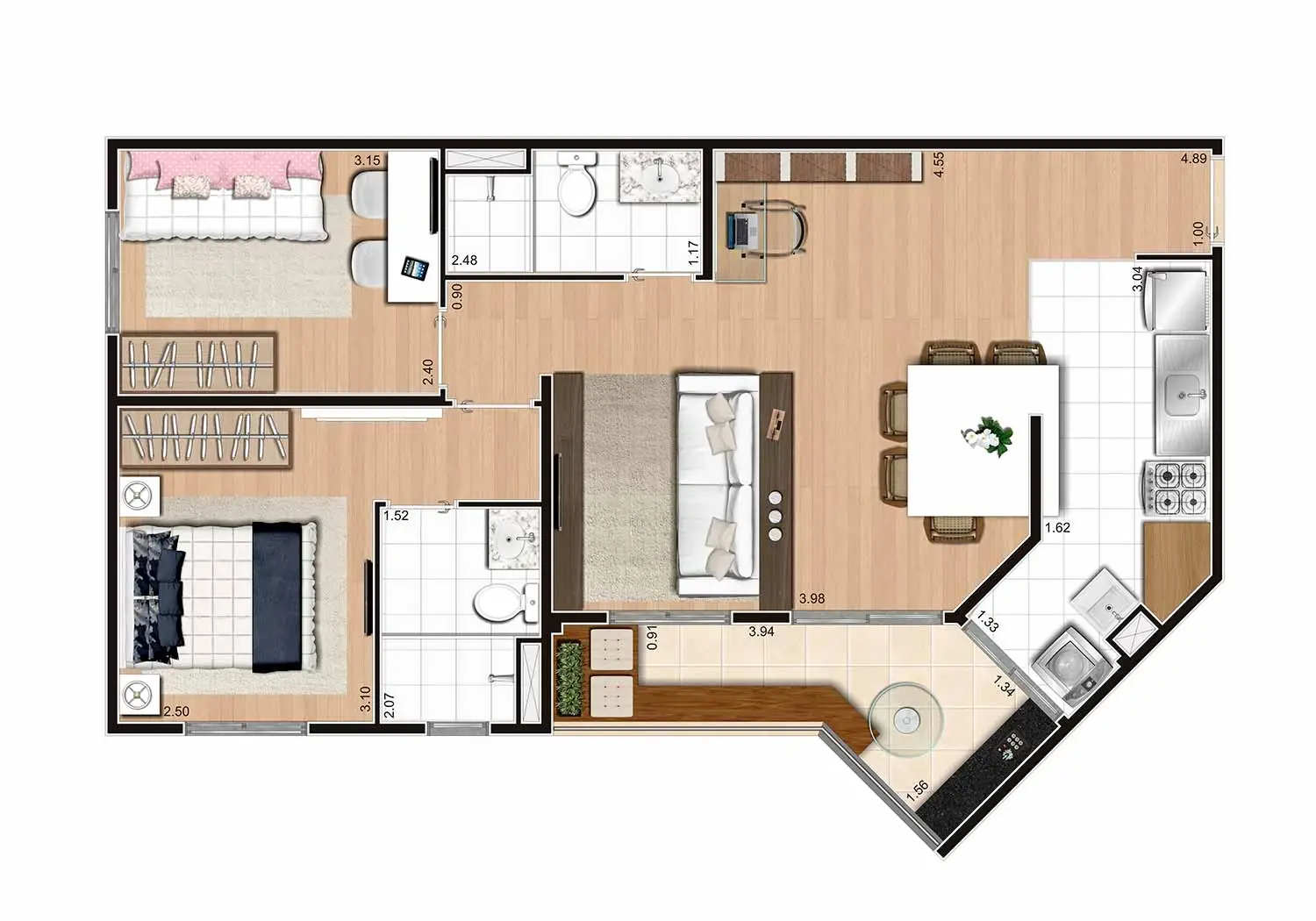 Perspectiva Ilustrada da Planta 2 Dormitórios (Suíte) 65m² - Ampliada