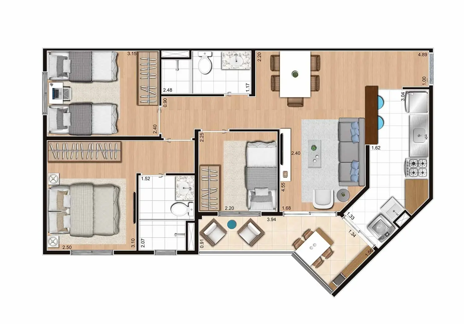 Perspectiva Ilustrada da Planta 3 Dormitórios (Suíte) 65m² - Padrão