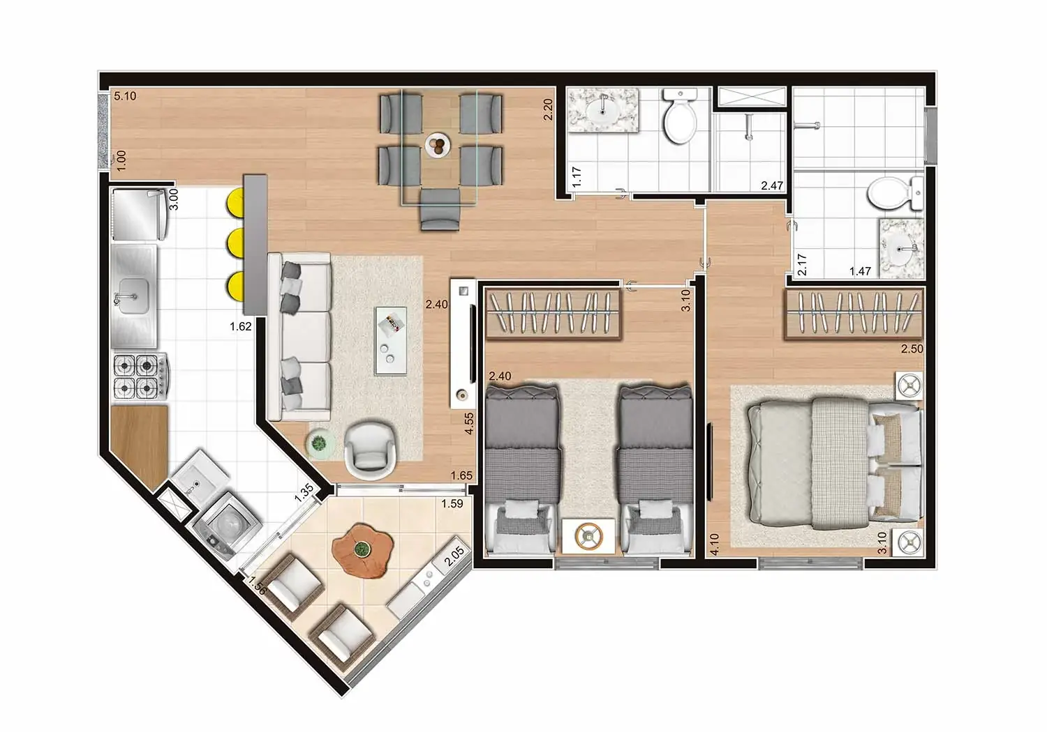 Perspectiva Ilustrada da Planta 2 Dormitórios (Suíte) 55m² - Padrão