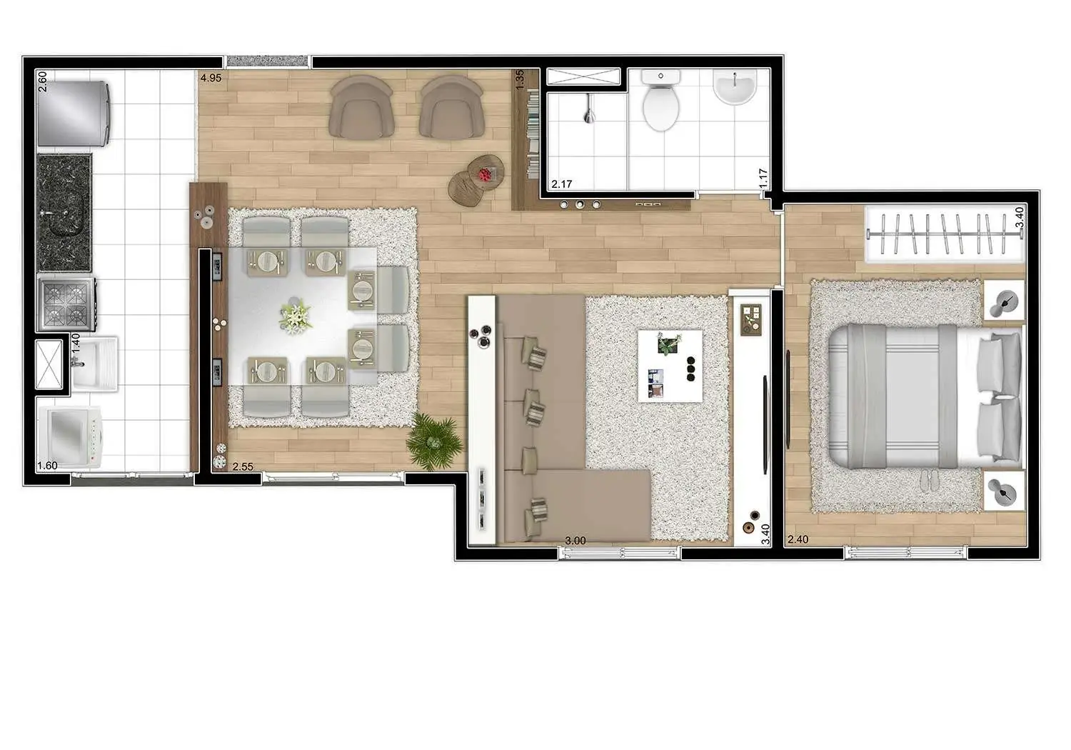 Imagem da Planta de 1 Dormitório com Living Ampliado