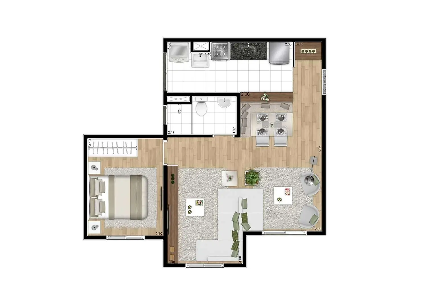 Imagem da Planta de 1 Dormitório com Living Ampliado