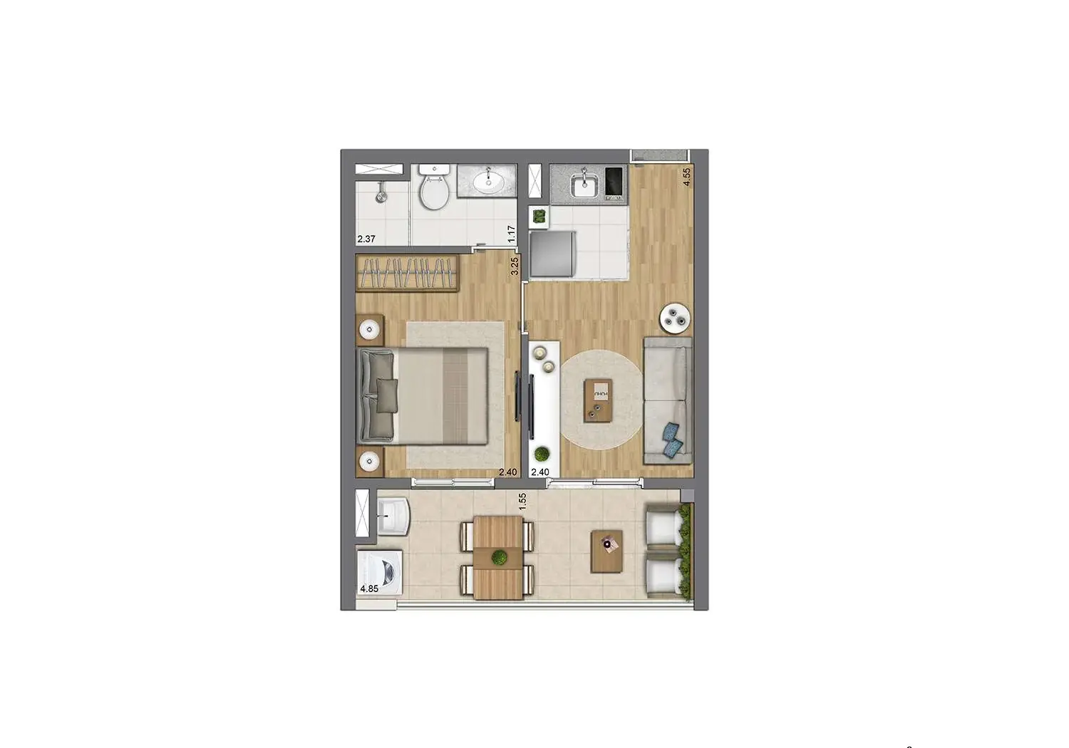 Perspectiva Ilustrada da Planta de 33 m² 