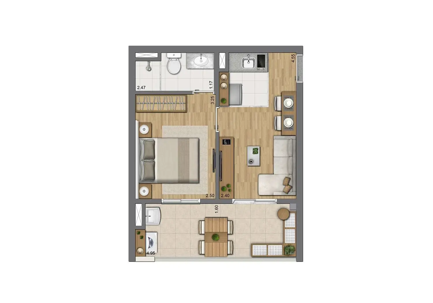 Perspectiva Ilustrada da Planta de 34 m²