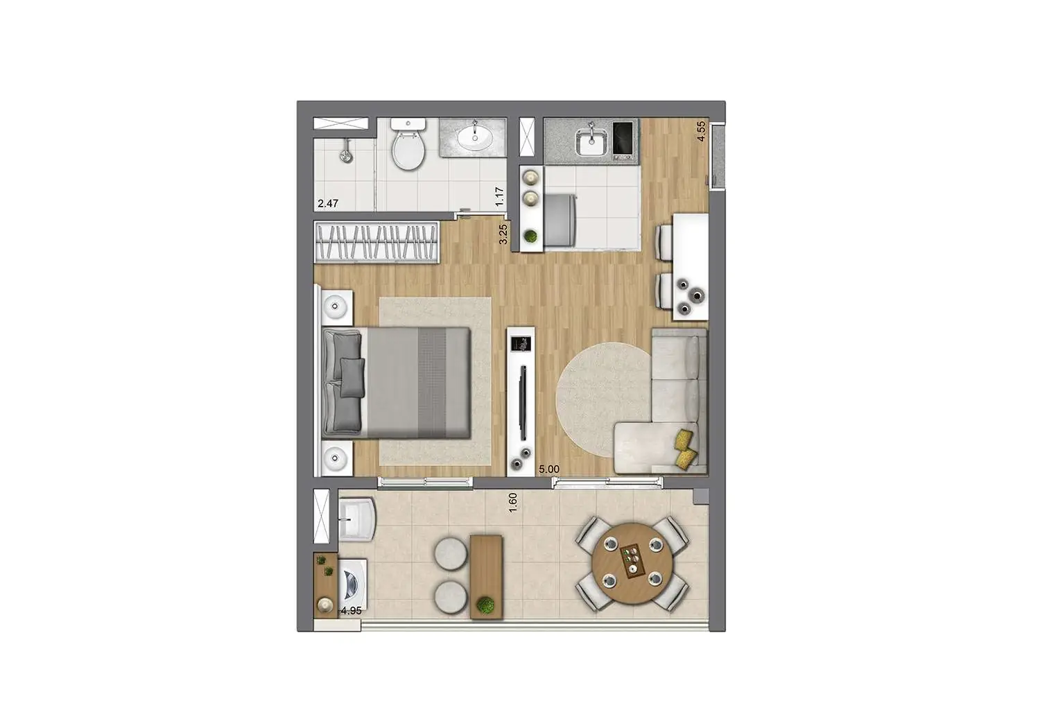 Perspectiva Ilustrada da Planta de 34m² - Ampliada