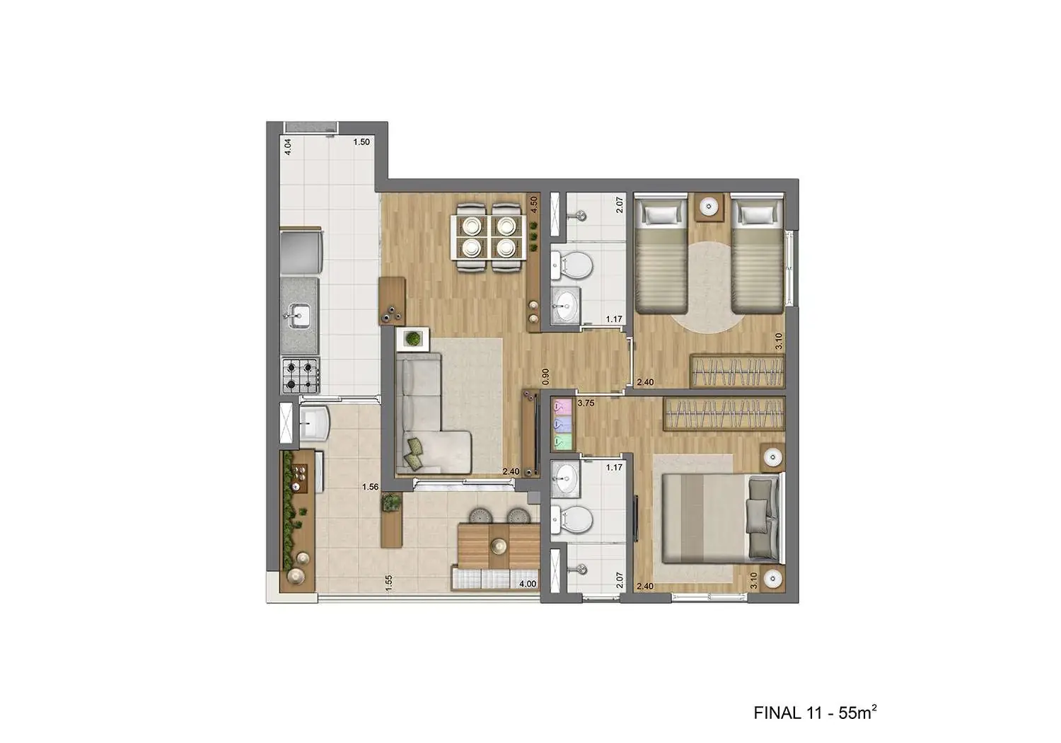 Perspectiva Ilustrada da Planta de 55 m²