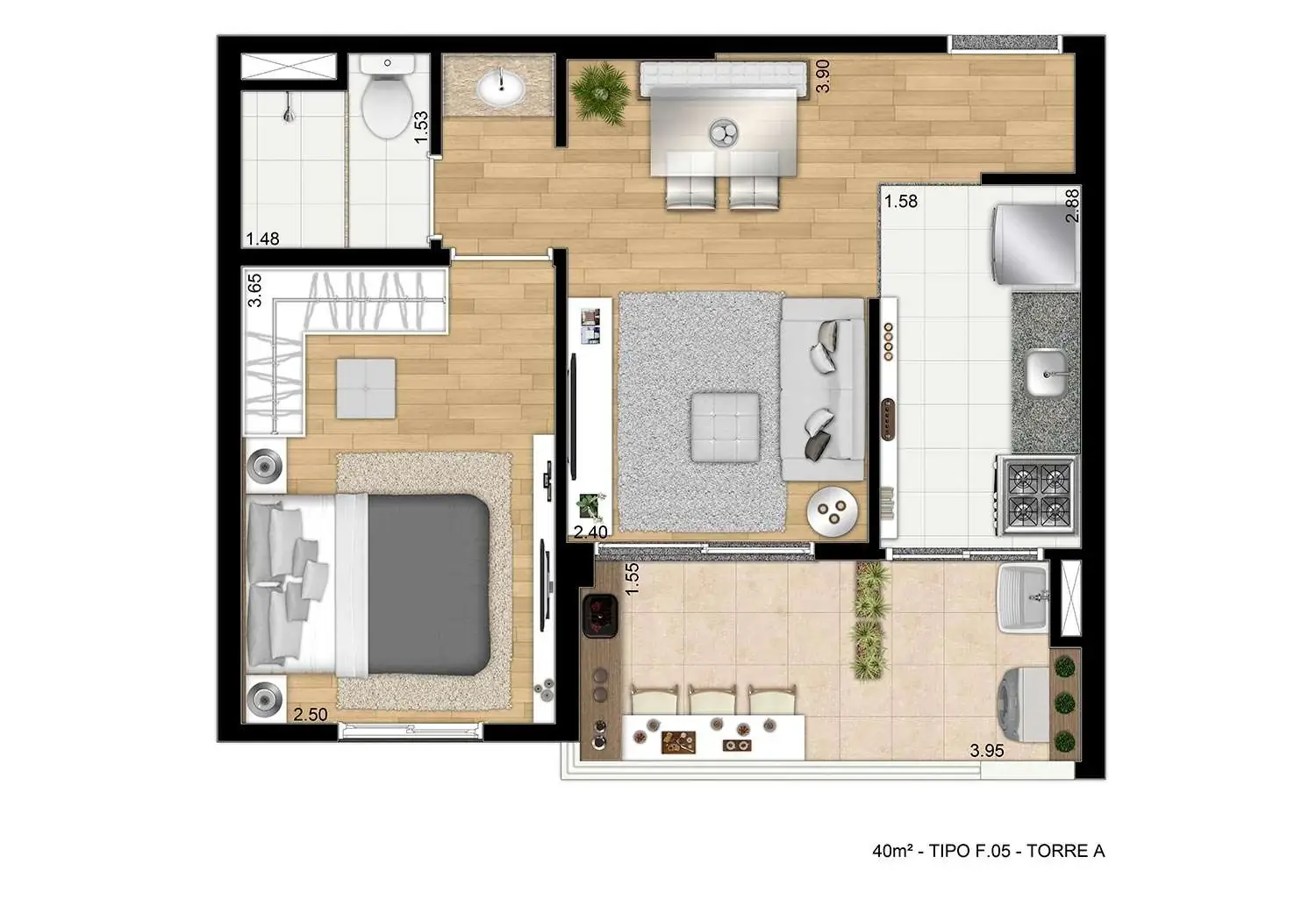 Perspectiva Ilustrada da Planta de 40m² - 1 Dormitório