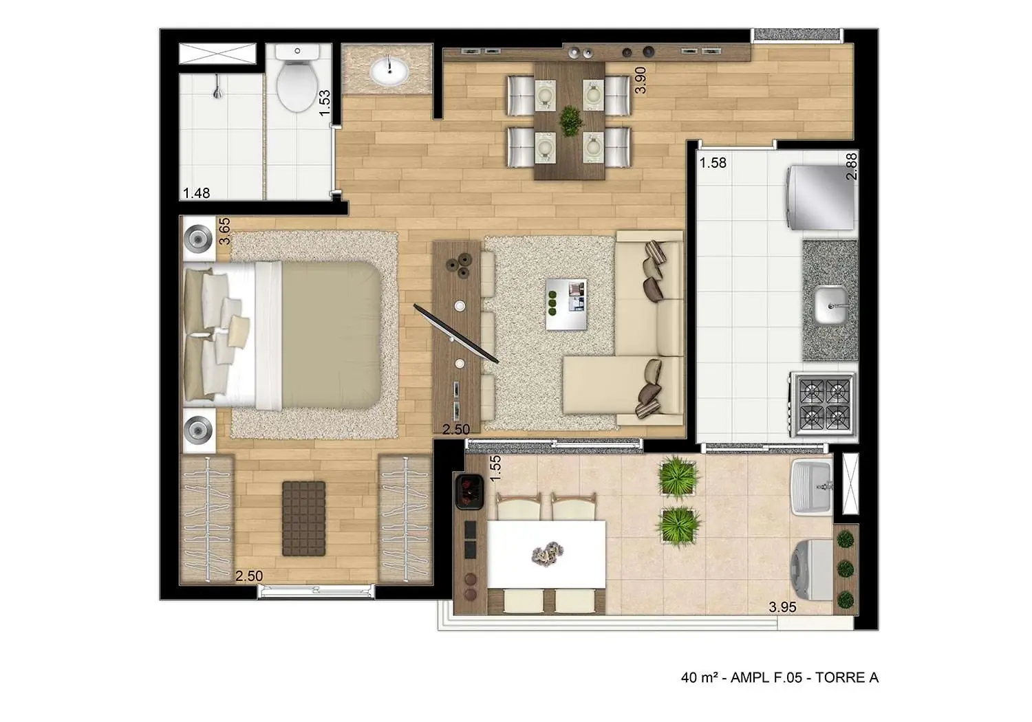 Perspectiva Ilustrada da Planta de 40m² - 1 Dormitório - Ampliado