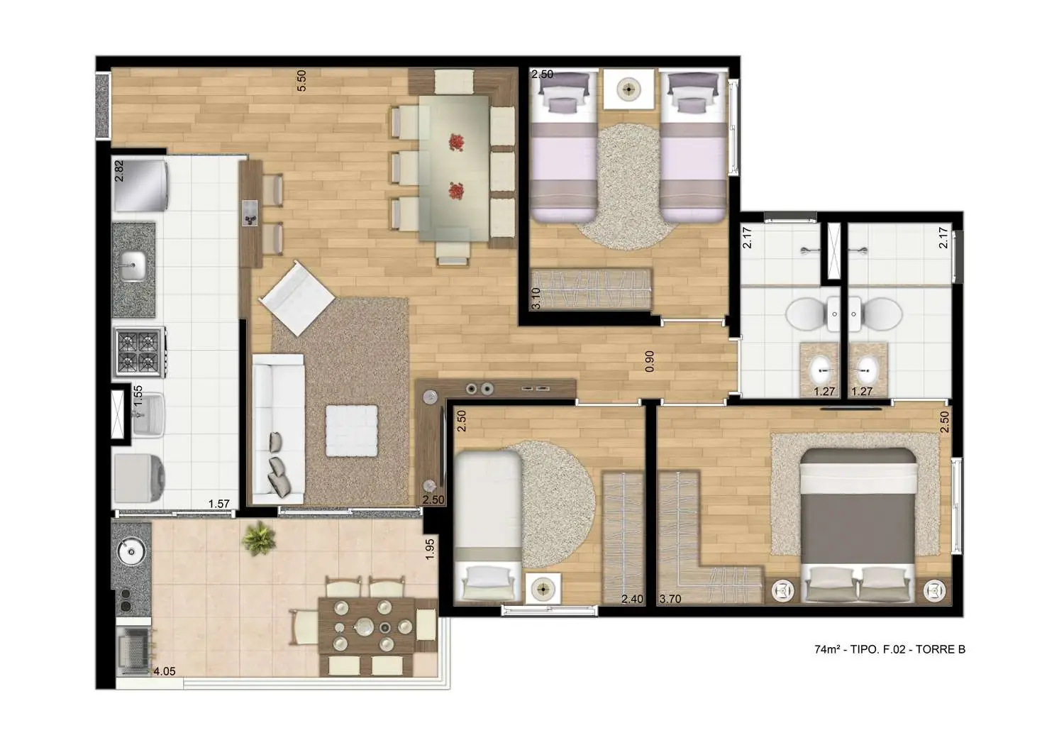 Perspectiva Ilustrada da Planta de 74m² - 3 Dormitórios