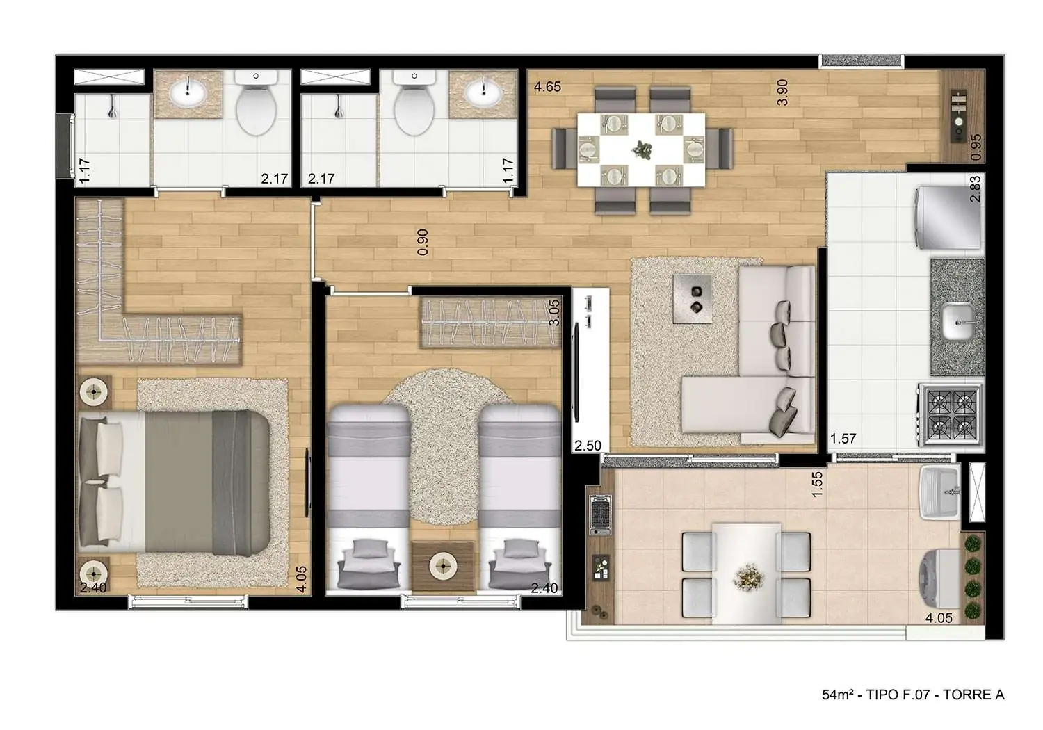 Perspectiva Ilustrada da Planta de 54m² - 2 Dormitórios