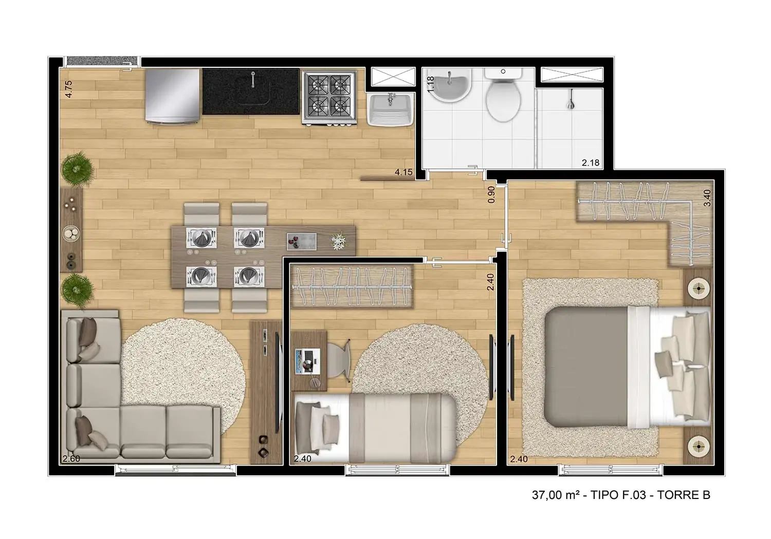 Perspectiva Ilustrada da Planta 2 Dormitórios - 37m²