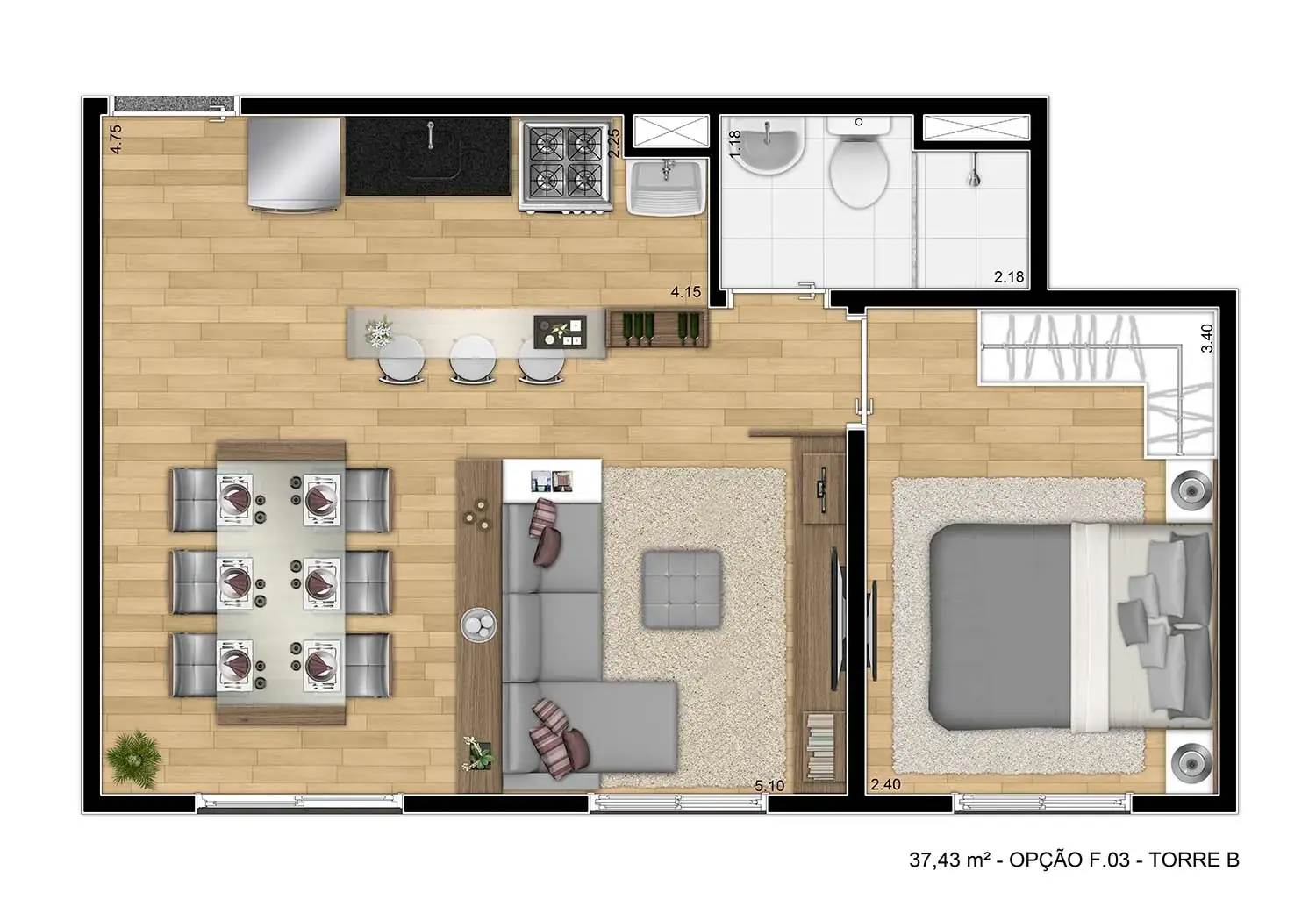 Perspectiva Ilustrada da Planta Ampliada 1 Dormitório - 37m²
