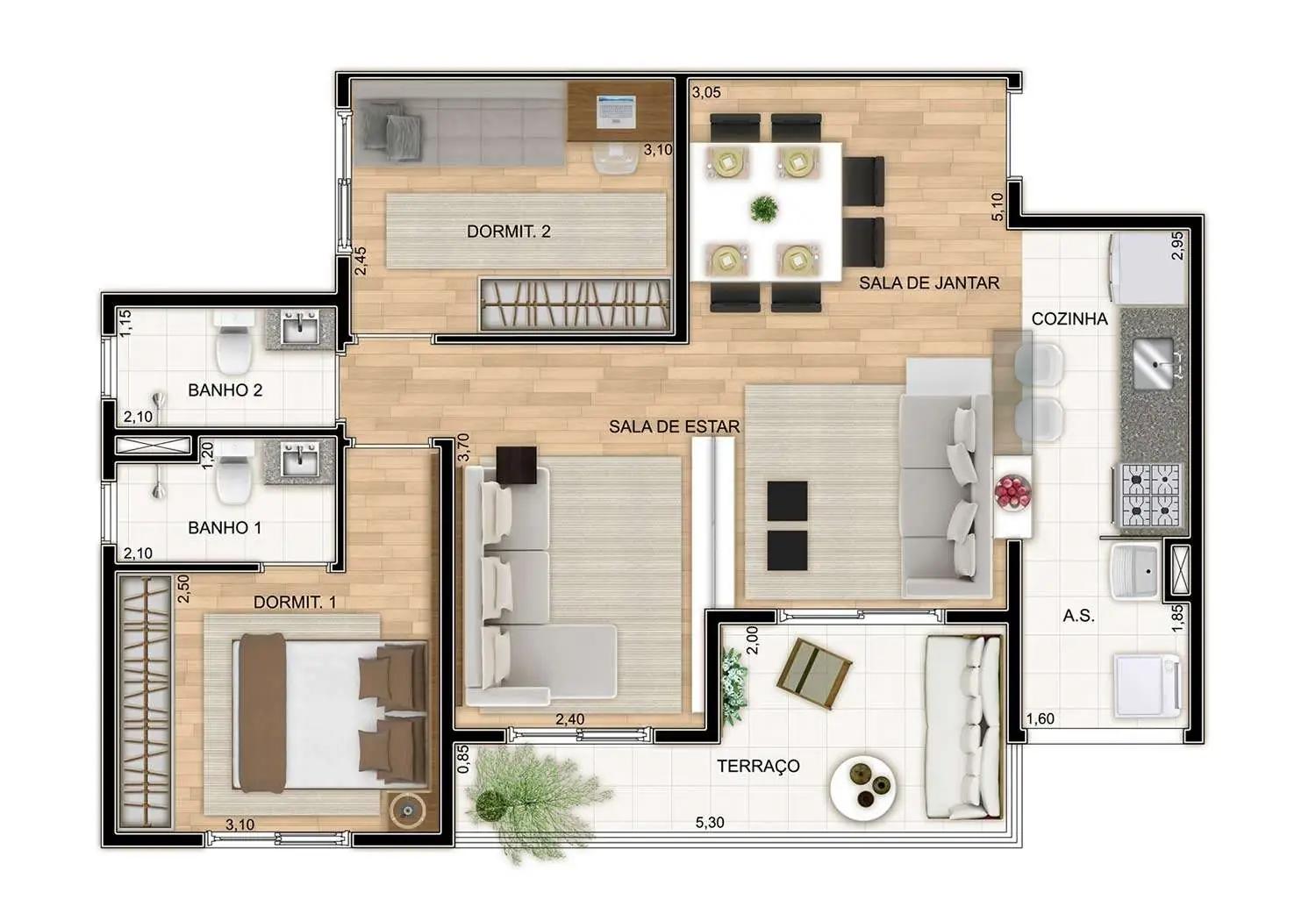 PERSPECTIVA ILUSTRADA DA PLANTA AMPLIADA - 70m²