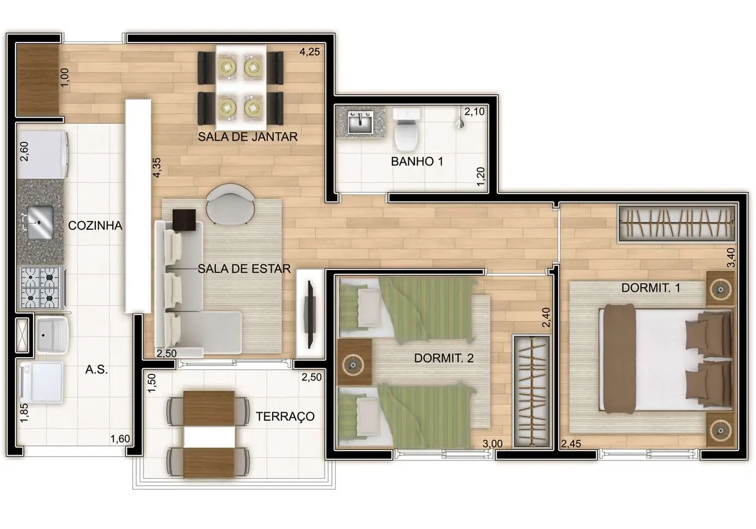 PERSPECTIVA ILUSTRADA DA PLANTA TIPO 51m²