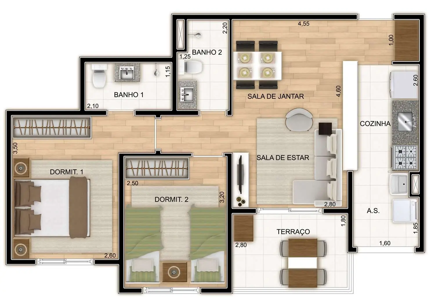 PERSPECTIVA ILUSTRADA DA PLANTA TIPO 59m²
