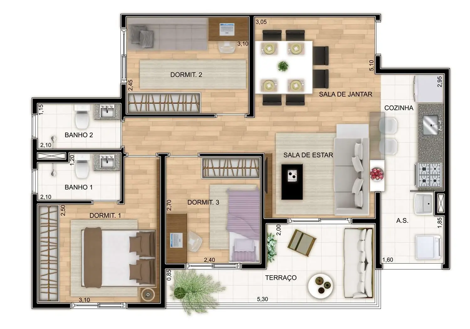 PERSPECTIVA ILUSTRADA DA PLANTA TIPO 1 - 70m²