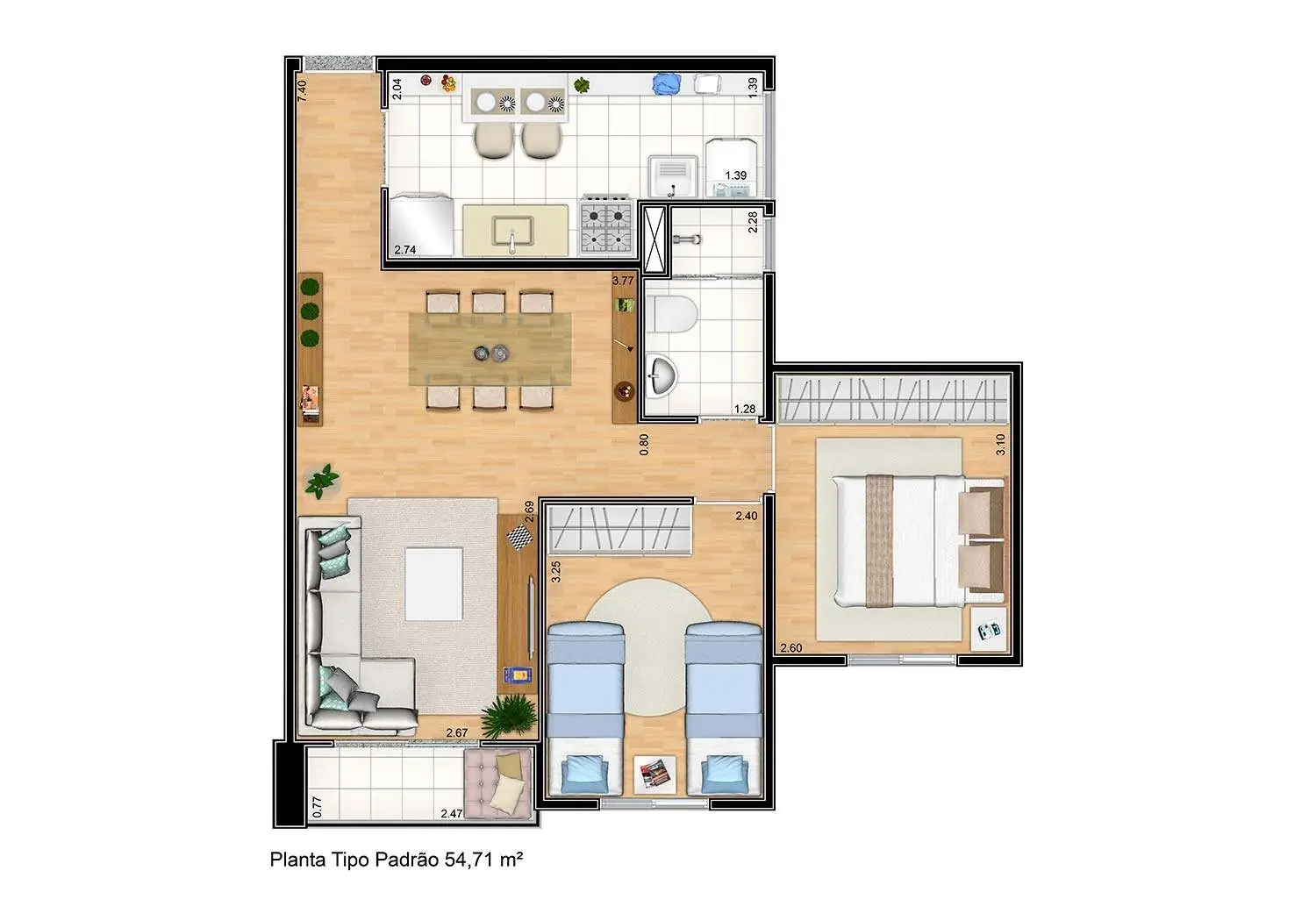 Perspectiva Ilustrada da Planta 54m² - 2 Dormitórios