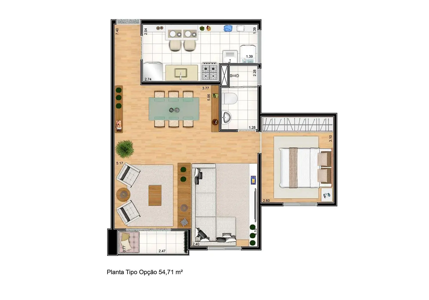 Perspectiva Ilustrada da Planta 54m² - 1 Dormitório