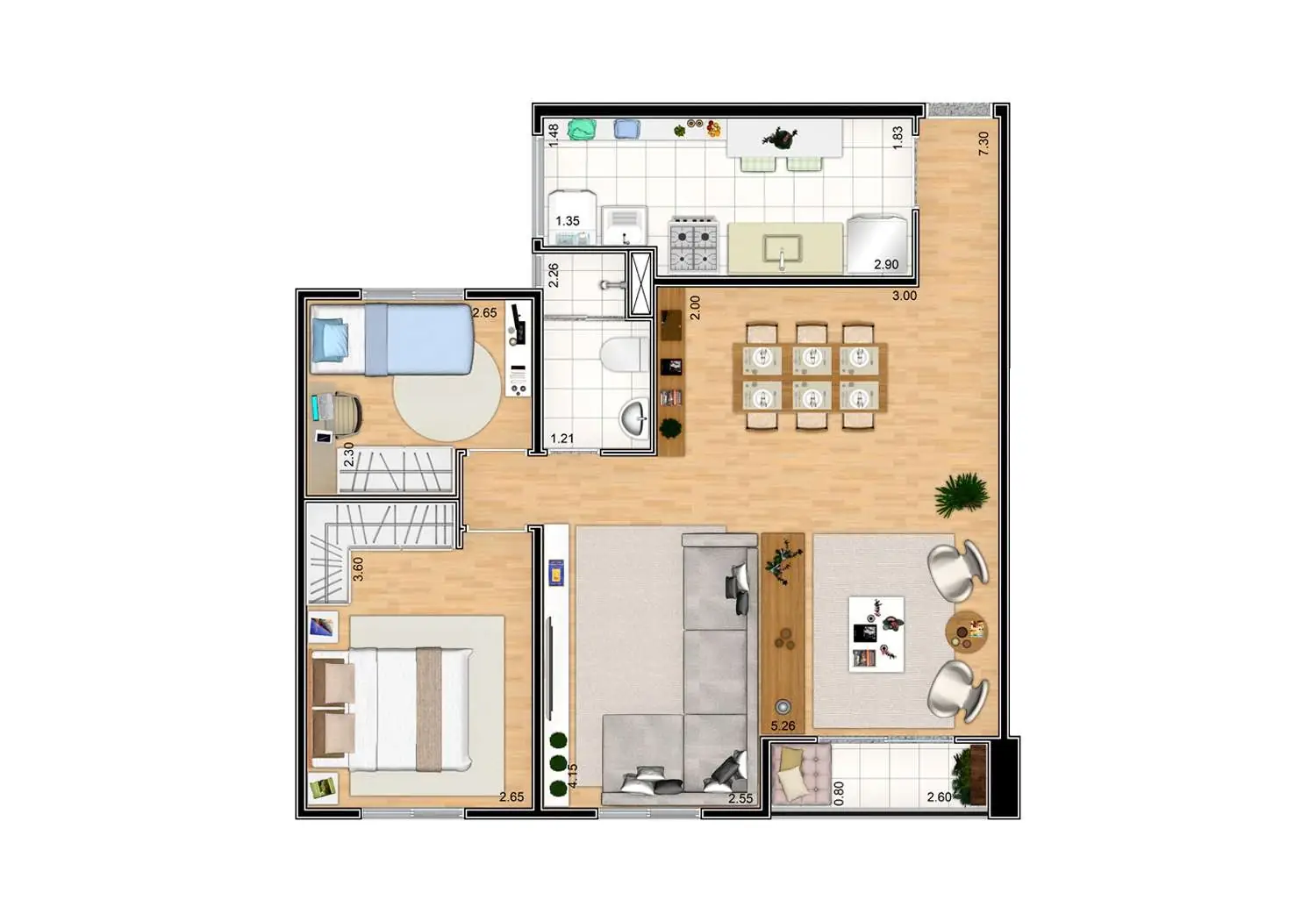 Perspectiva Ilustrada da Planta Opção 64m² - 2 Dormitórios - Living Ampliado
