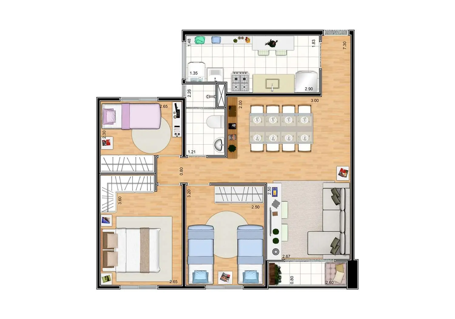Perspectiva Ilustrada da Planta 64m² - 3 Dormitórios
