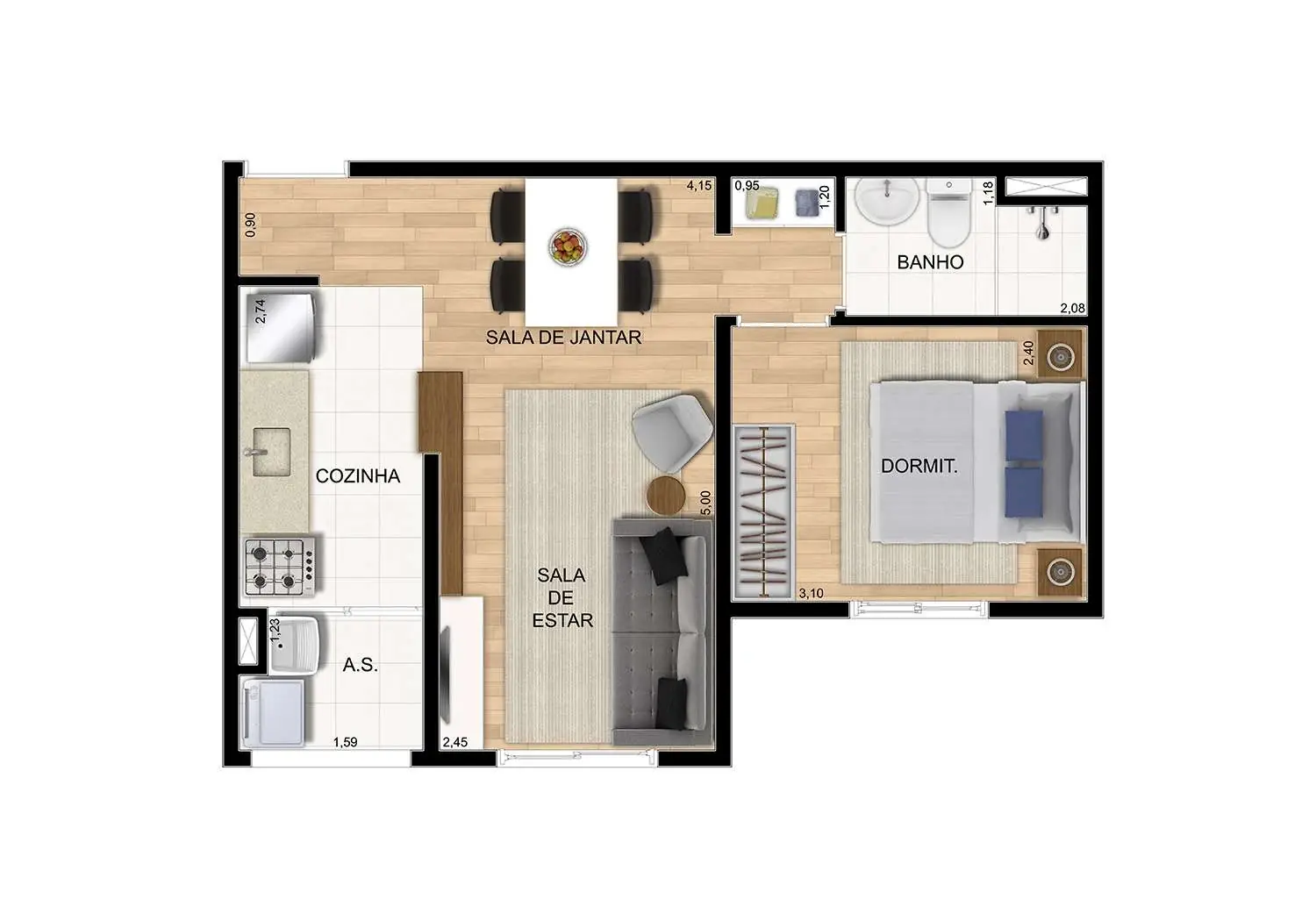 Perspectiva Ilustrada da Planta - 1 Dormitório (35 m²)