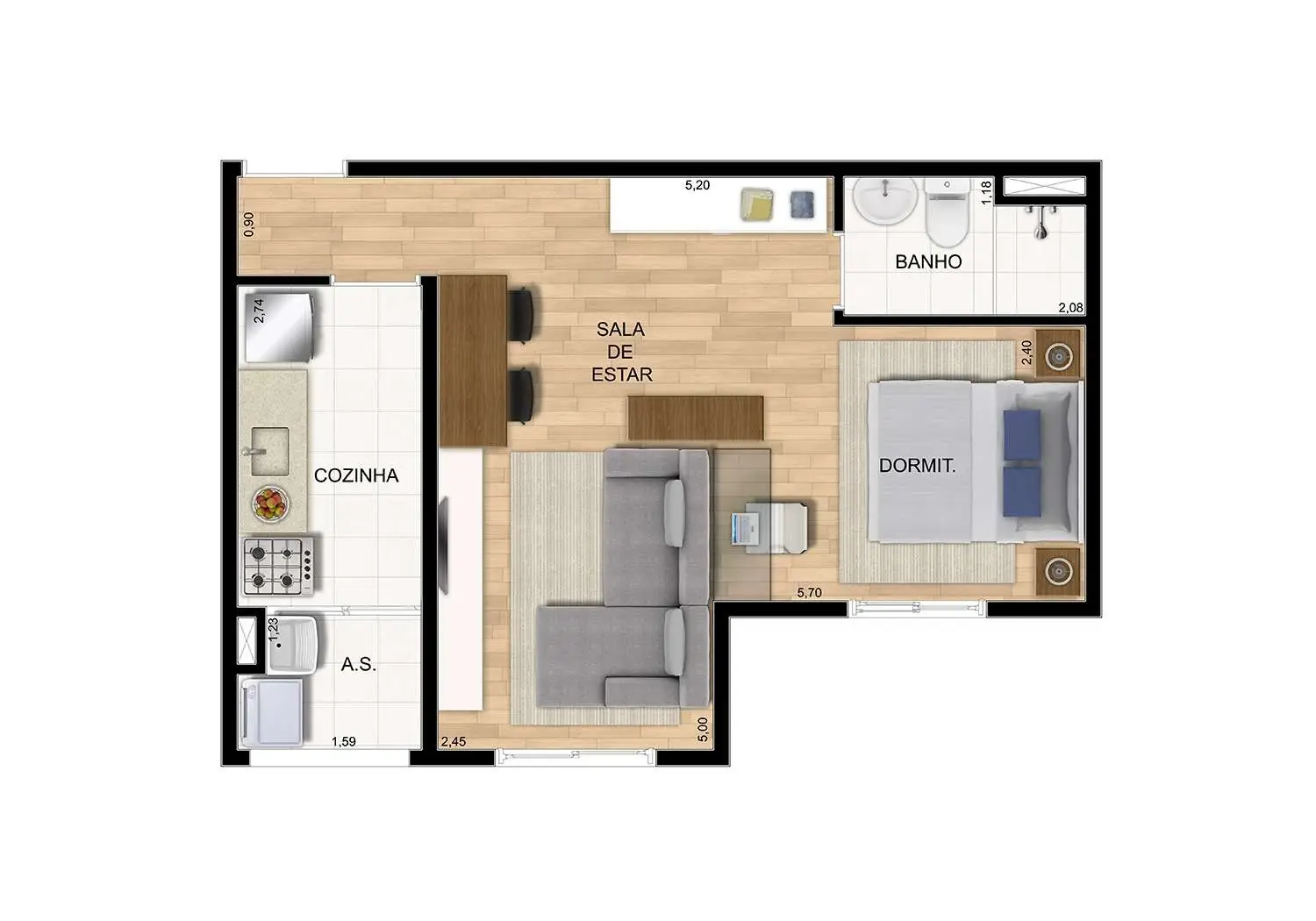 Perspectiva Ilustrada da Planta  - Studio 1 Dormitório (35 m²)