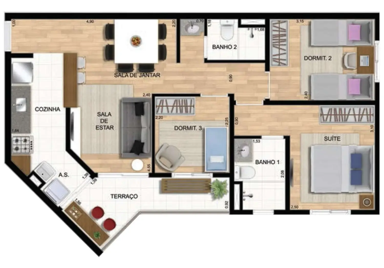 Perspectiva Ilustrada da Planta  - 3 Dormitórios com Suíte (65 m²)