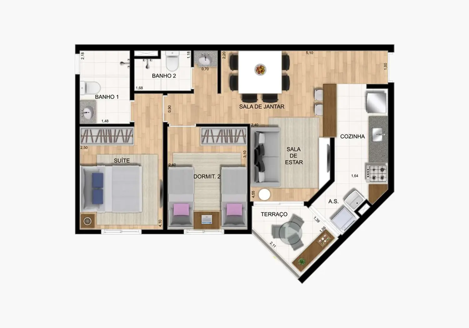 Perspectiva Ilustrada da Planta 2 Dormitórios com Suíte - 55 m²