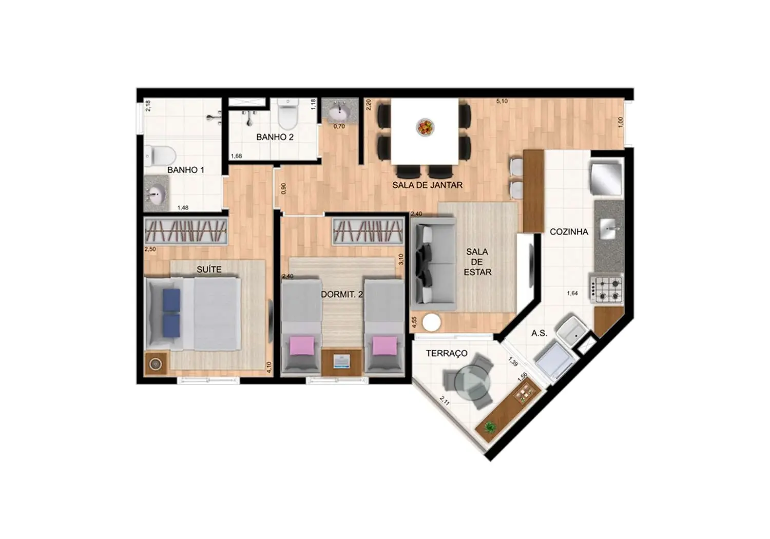 Perspectiva Ilustrada da Planta - 2 Dormitórios com Suíte (55 m²)