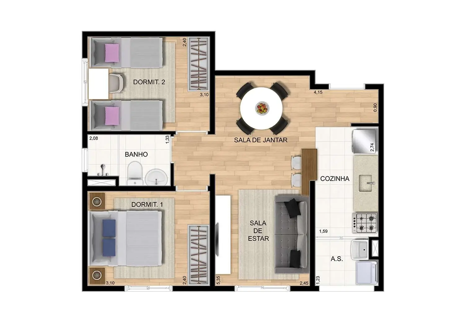 Perspectiva Ilustrada da Planta - 2 Dormitórios (45 m²)