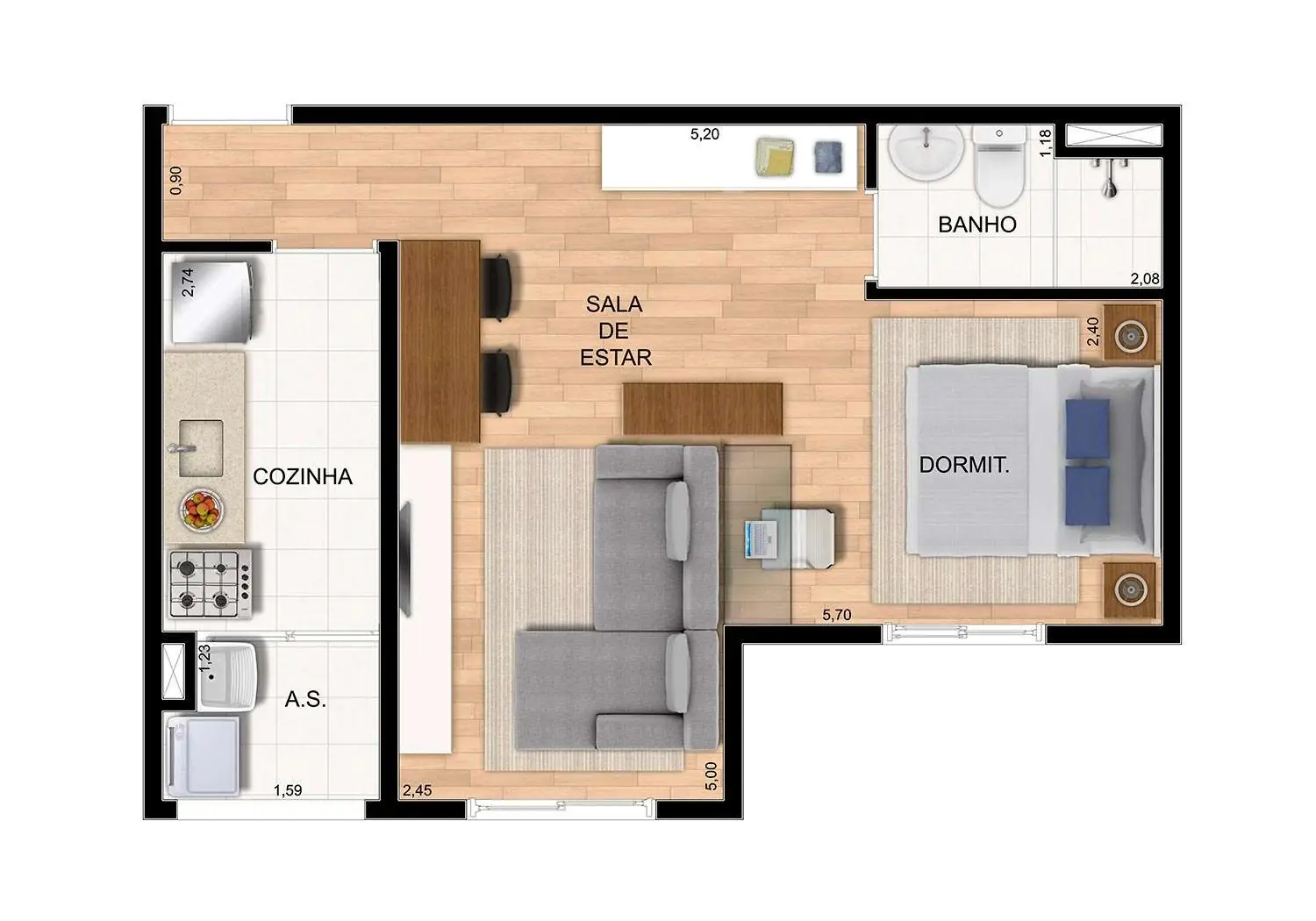 Perspectiva Ilustrada da Planta Tipo 3 - 2 Dormitórios 45 m²