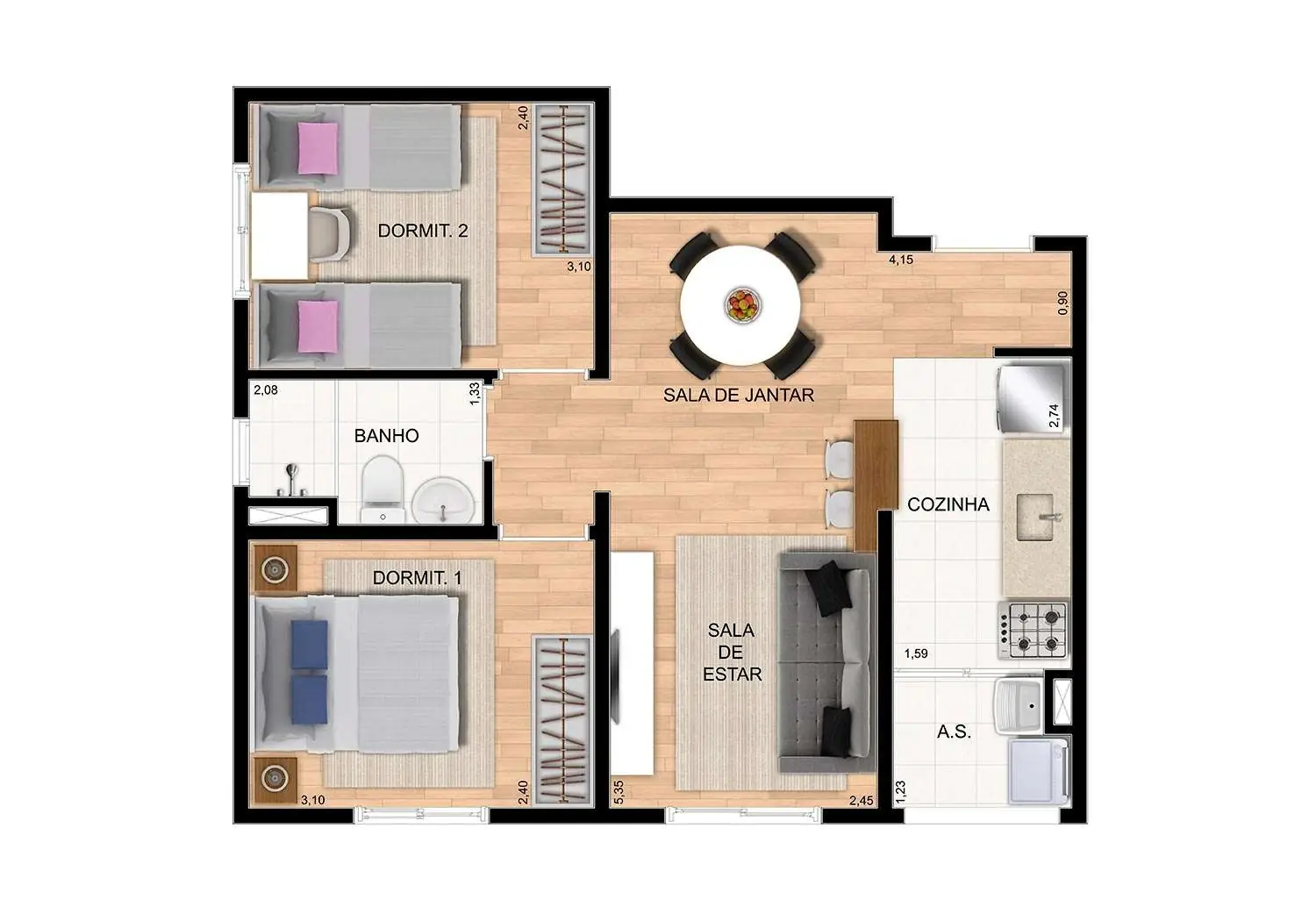 Perspectiva Ilustrada da Planta Tipo 4 - 1 Dormitório 35 m²