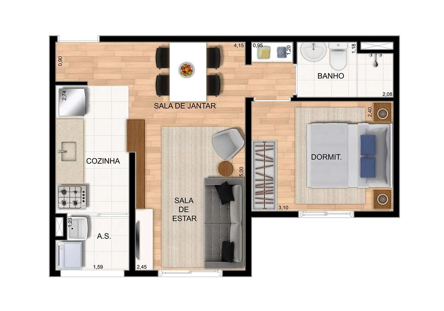 Perspectiva Ilustrada da Planta Tipo 4 - Studio 1 Dormitório 35 m²