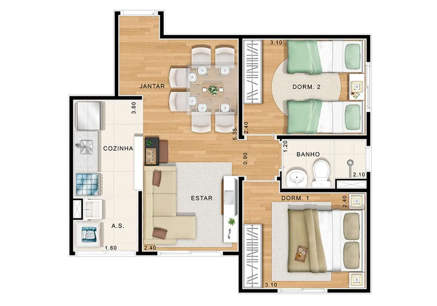 Perspectiva Ilustrada da Planta 2 Dorms. - 45m²