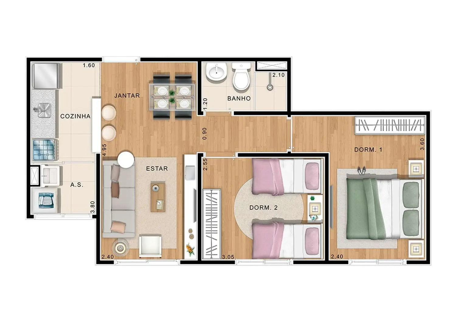 Perspectiva Ilustrada da Planta Apto. 2 Dorms. - 45,5m²