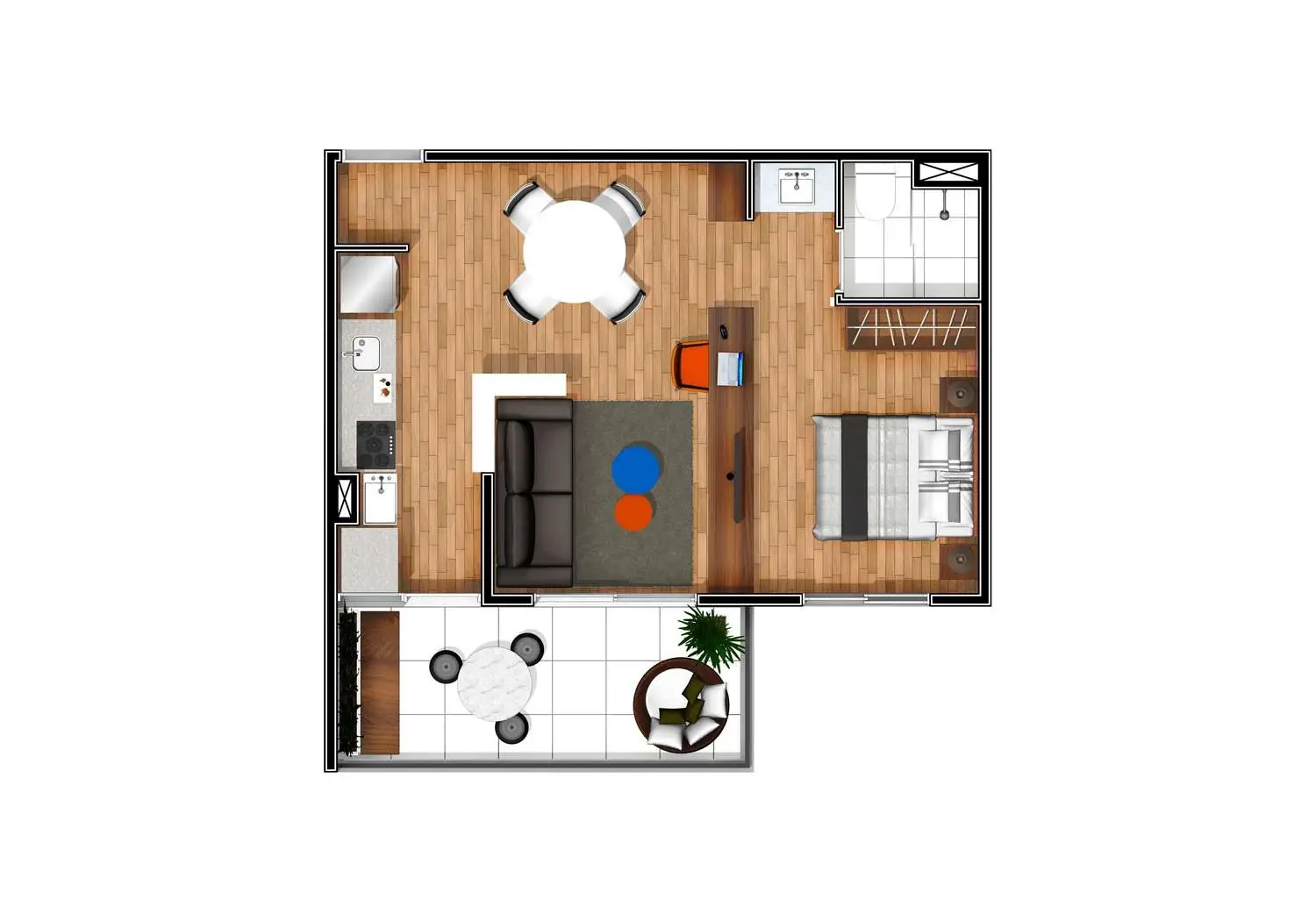 Perspectiva Ilustrada da Planta Tipo 2 – Studio – 45 m²
