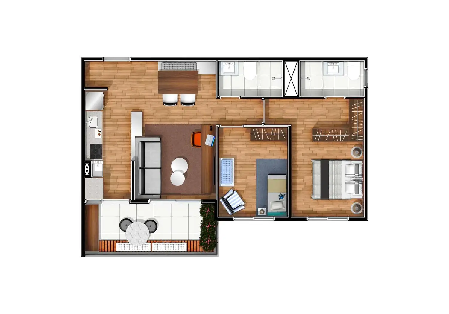 Perspectiva Ilustrada da Planta Tipo 1 – 61 m²