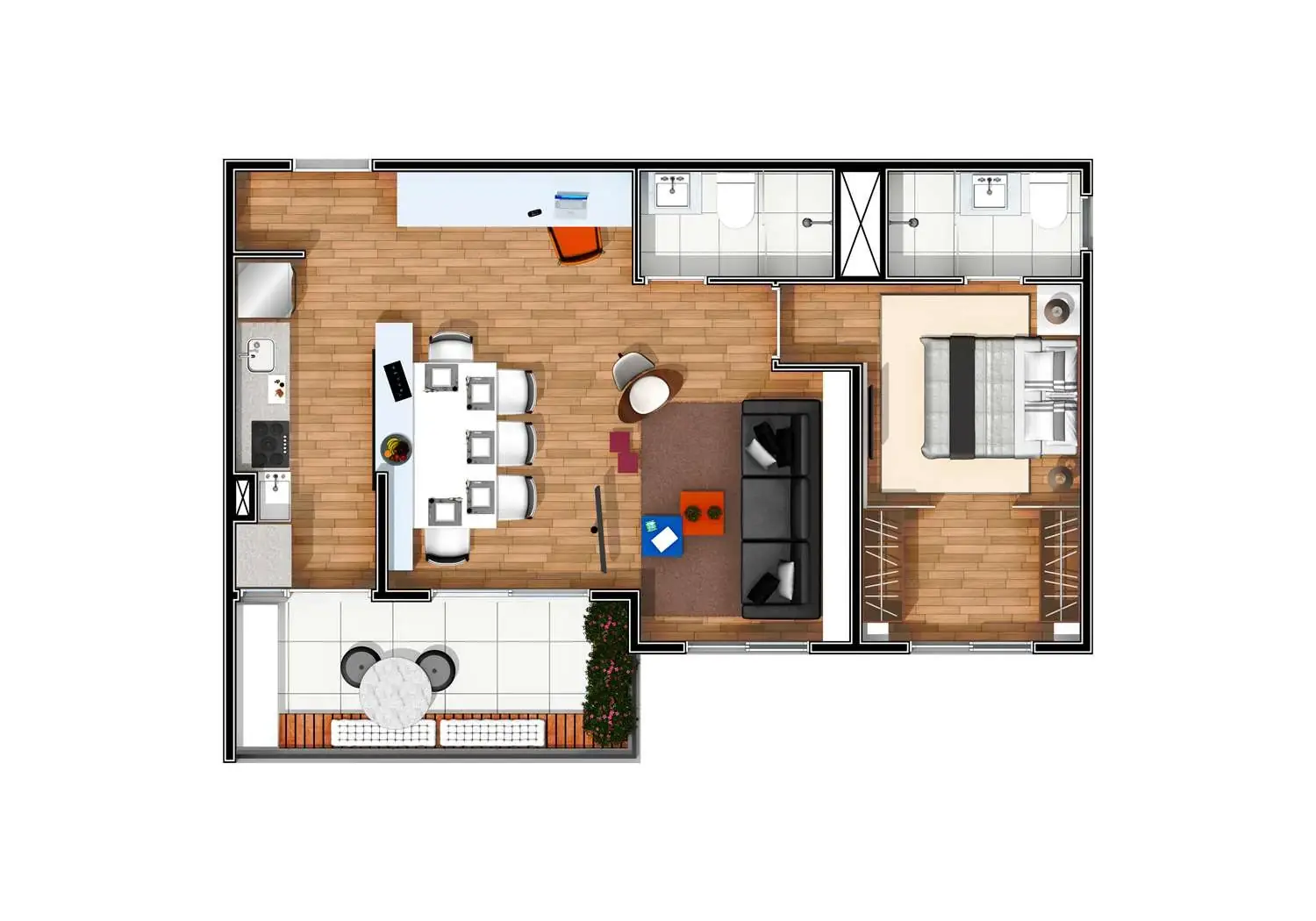 Perspectiva Ilustrada da Planta Opção 1 – 61 m²