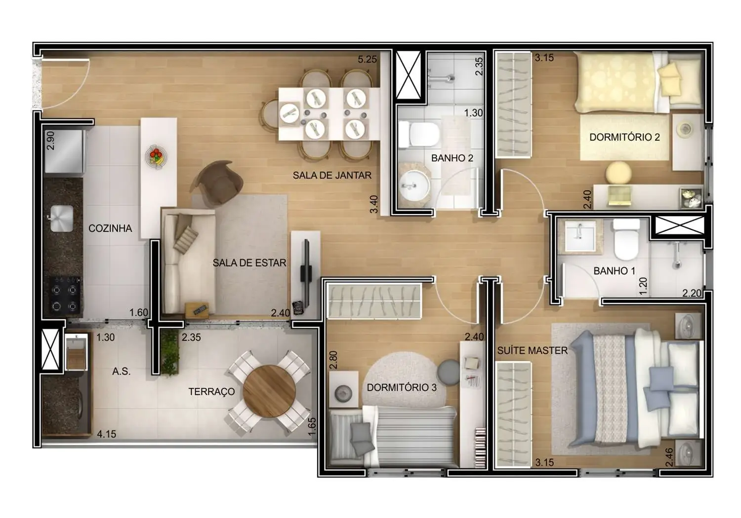 PERSPECTIVA ILUSTRADA DA APTO. 3 DORMS. 63m²