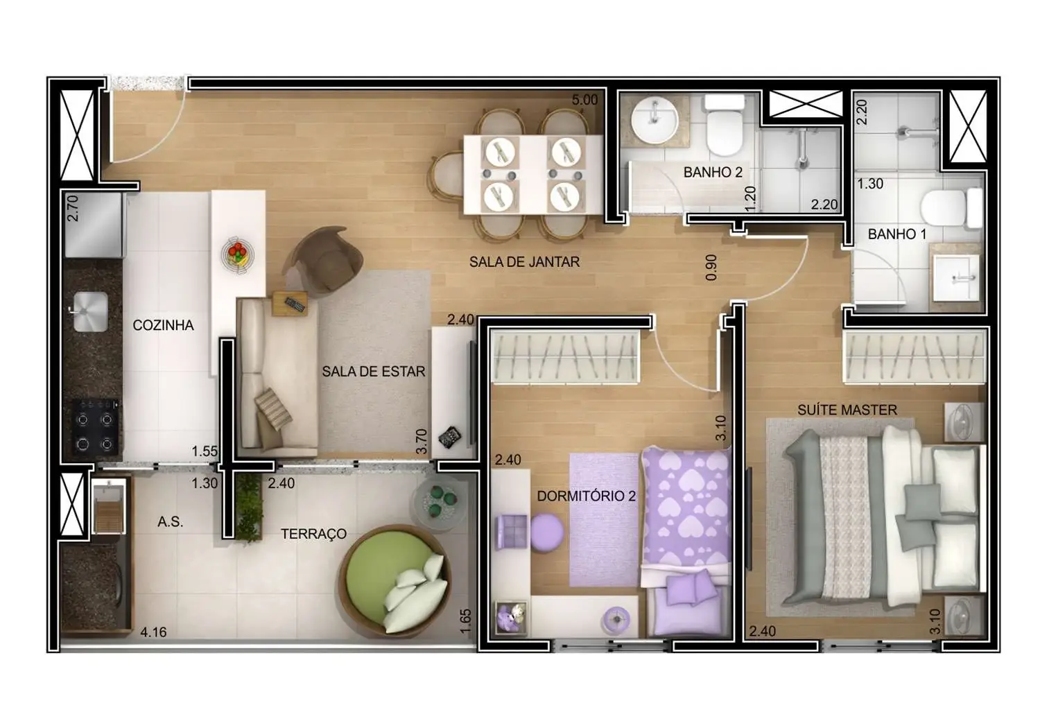 PERSPECTIVA ILUSTRADA DA PLANTA APTO. 2 DORMS. 53m²