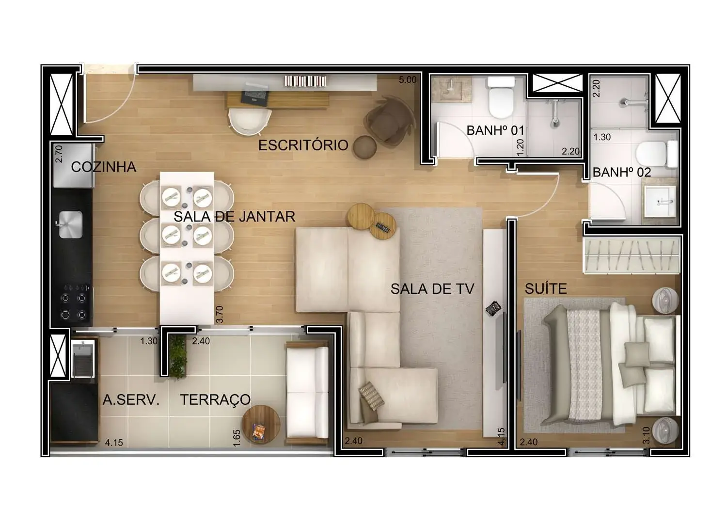 PERSPECTIVA ILUSTRADA DA PLANTA APTO. 1 DORM. 53m² - OPÇÃO SALA AMPLIADA