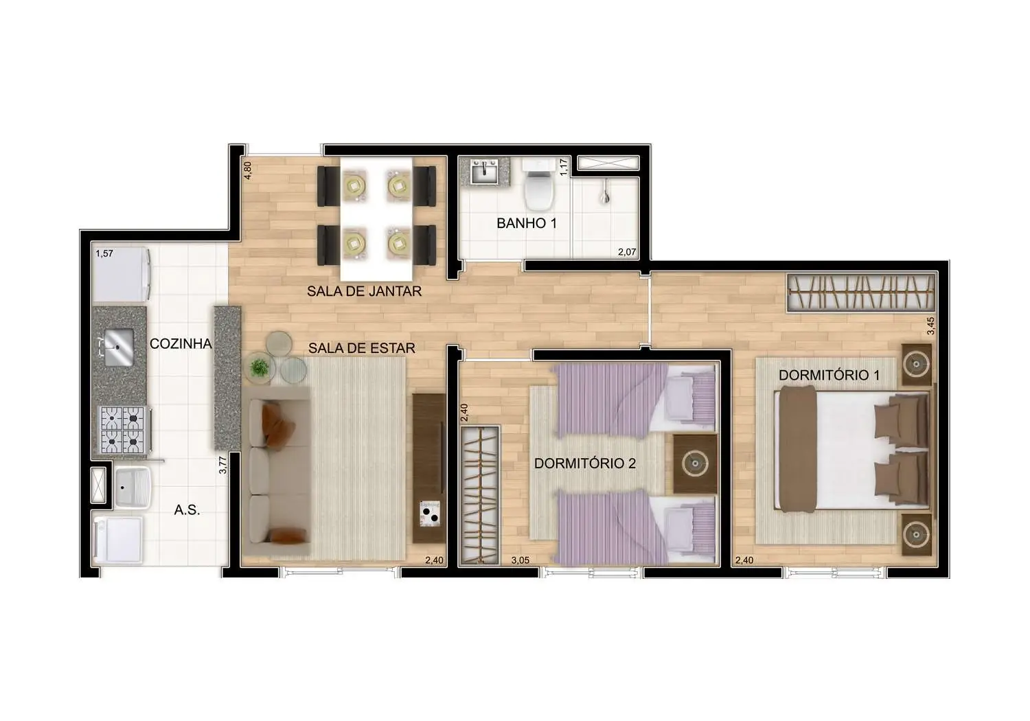 Perspectiva Ilustrada Planta Apto. 2 Dorms. - 44m²