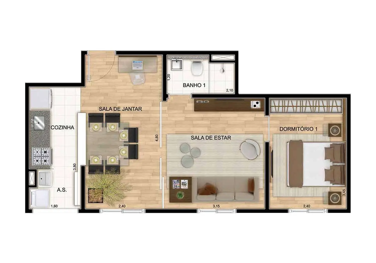 Perspectiva Ilustrada Planta de 1 Dorm. 44m² - L. Ampliado
