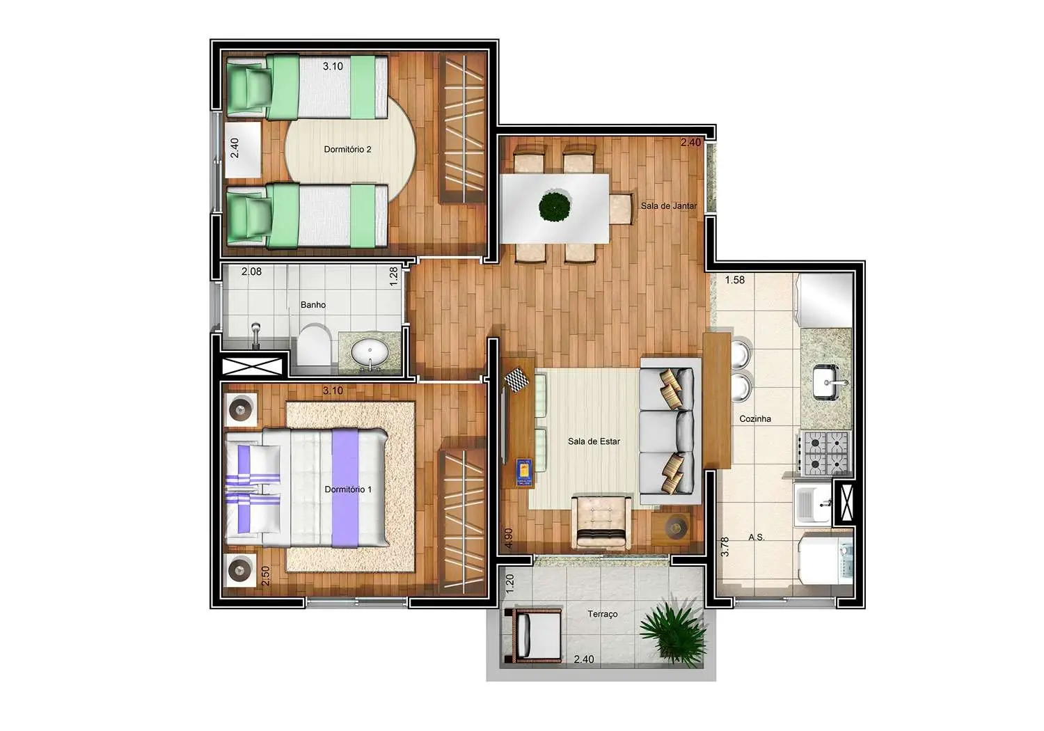PERSPECTIVA ILUSTRADA DA PLANTA 2 DORMS. COM TERRAÇO - 46m²
