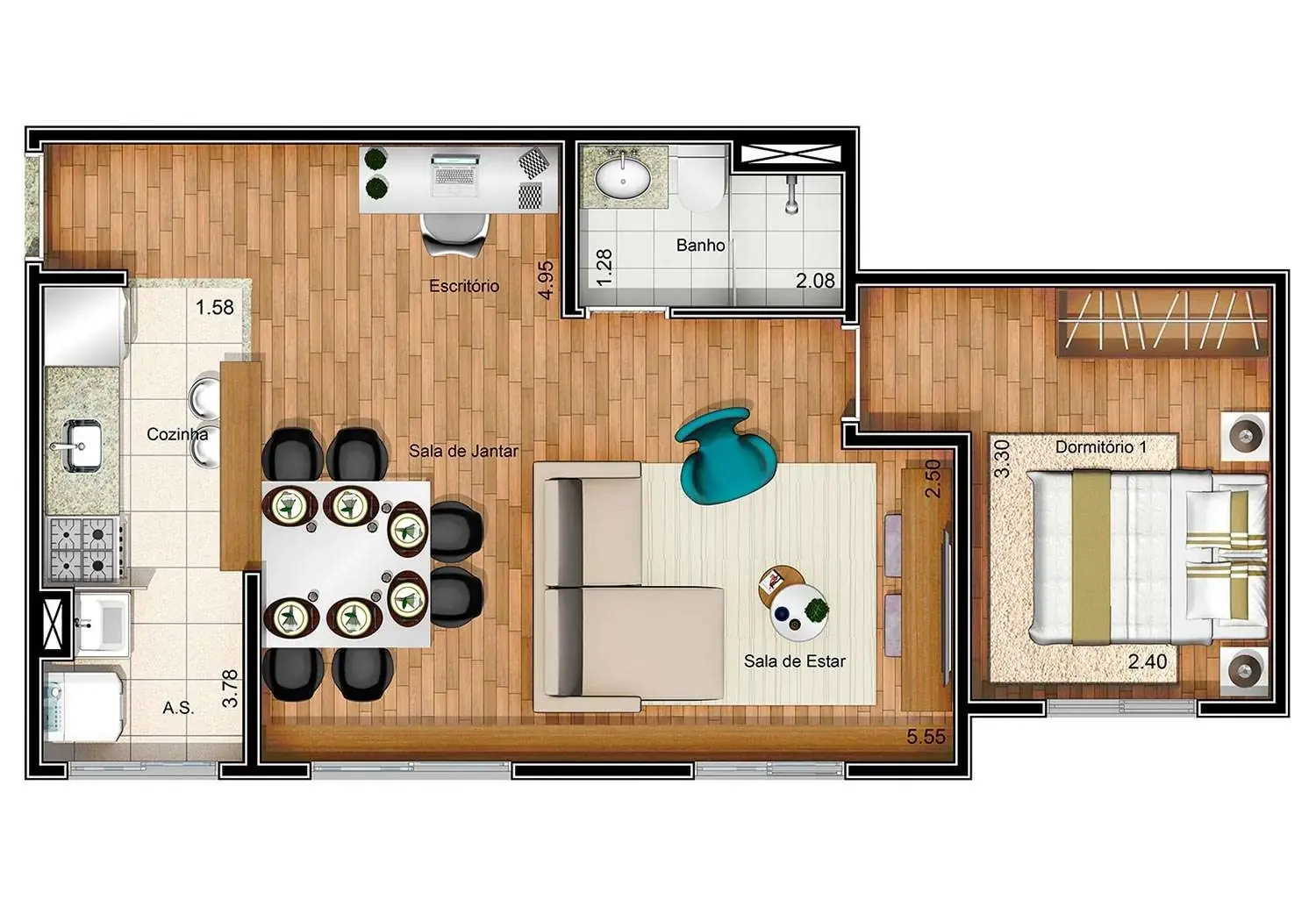 PERSPECTIVA ILUSTRADA DA PLANTA 2 DORM. COM LIVING AMPLIADO- 47m²